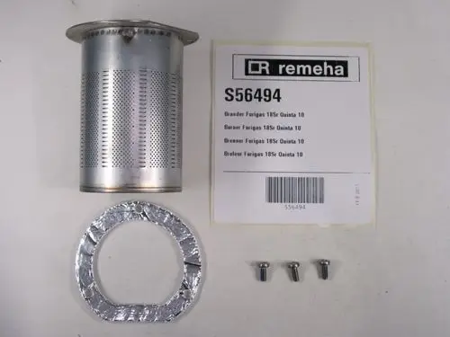 Edelstahlbrenner von Remeha, zylindrisch mit perforierter Oberfläche, begleitet von einer Dichtung und drei Schrauben zur Befestigung.